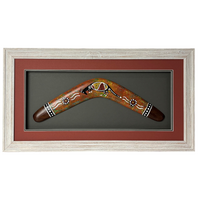 Framed Aboriginal Art Hand Painted Boomerang (40cm) Large - Kangaroo [White Frame]