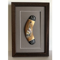 Framed Handpainted Aboriginal Art 15cm Boomerang - Brolga (Taupe)