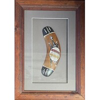 Framed Handpainted Aboriginal Art 15cm Boomerang - Turtle (Taupe)