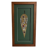 Framed Aboriginal Dot Art Handpainted Gumleaf (38cm x 20cm) - Brolga (Green)