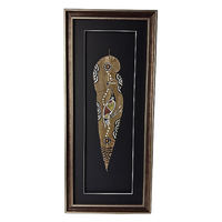 Framed Aboriginal Dot Art Handpainted Gumleaf - (48cm x 22cm) Brolga (Charcoal) 
