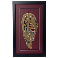 Framed Aboriginal Dot Art Handpainted Gumleaf (43cm x 26cm) - Emu (Maroon)