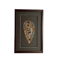Framed Aboriginal Dot Art Handpainted Small Gumleaf (30cm x 19cm) - Emu (Taupe/Green)