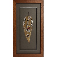 Framed Aboriginal Dot Art Handpainted Gumleaf (38cm x 20cm) - Emu (Taupe)