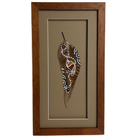 Framed Aboriginal Dot Art Handpainted Gumleaf (38cm x 20cm) - Emu (Taupe)