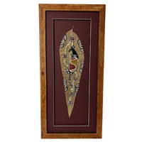 Framed Aboriginal Dot Art Handpainted Gumleaf (53cm x 25cm) - Kangaroo (Maroon)
