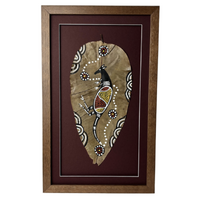 Framed Aboriginal Dot Art Handpainted Gumleaf (45cm x 26cm) - Kangaroo (Maroon)