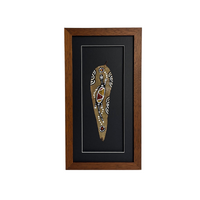 Framed Aboriginal Dot Art Handpainted Gumleaf (38cm x 20cm) - Lizard (Black)