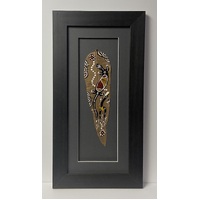 Framed Aboriginal Dot Art Handpainted Gumleaf (49cm x 25cm) - Lizard (Charcoal)