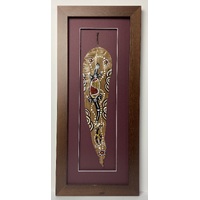 Framed Aboriginal Dot Art Handpainted Gumleaf (52cm x 23cm) - GOANNA (Maroon)