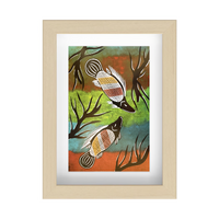 Framed Aboriginal Art PRINT (13cm x 18cm) - Thuggai the Yellowbelly BIRCH Frame
