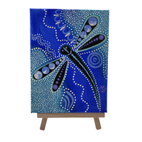 Maree Bradbury Aboriginal Art Stretched Canvas (12cm x 16cm) w/- stand -Dragonfly