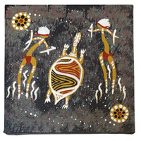 Handpainted Aboriginal Art Black Canvas (15cm x 15cm) - Turtle Dancer