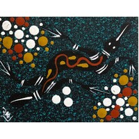 Handpainted Aboriginal Art Canvas Board (10cm x 8cm) - Goanna (Green)