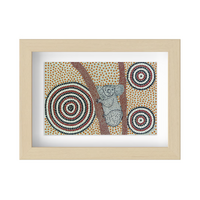 Framed Aboriginal Art PRINT (13cm x 18cm) - Koobor the Koala - The Drought Maker (BIRCH FRAME)