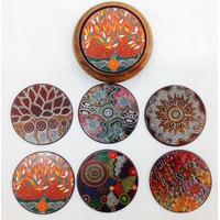 Lee Anne Hall Aboriginal Art Round TIMBER Boxed Coaster Set (6)  - Various Designs
