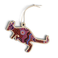 Aboriginal Art Kangaroo Timber Xmas Decoration (9cm) - Our Country
