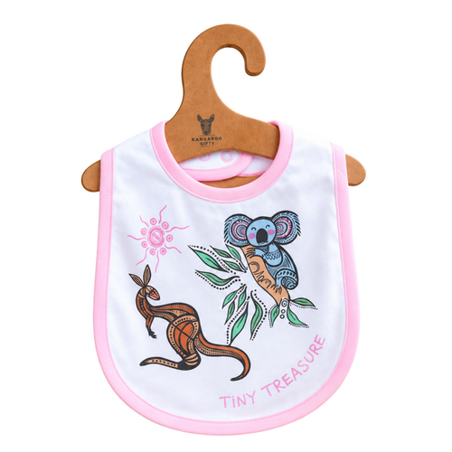 Kangaroo & Koala [Pink]  Aboriginal design Cotton Baby Bib - Muralappi Dreamytime