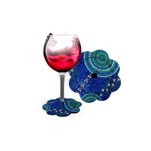 Bunabiri Aboriginal Art Neoprene Wine Glass Coaster - The Wet Season (Blue)