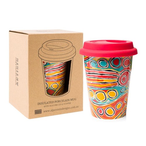 Warlukurlangu Aboriginal Art Insulated Porcelain Travel Mug - Mina Mina Dreaming