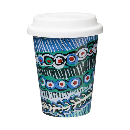 Warlukurlangu Aboriginal Art Insulated Porcelain Travel Mug - Two Dogs Dreaming (Blue)