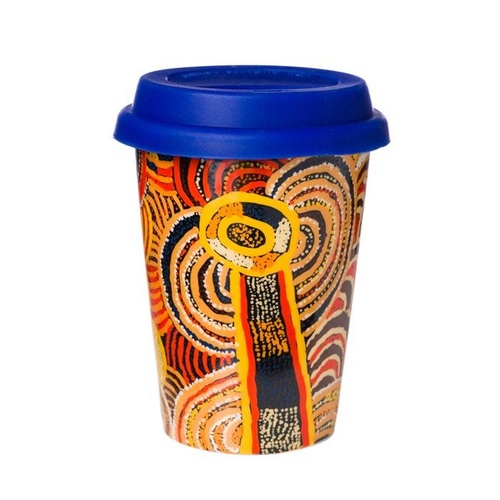 Papulankutja Aboriginal Art Insulated Porcelain Travel Mug - Multju (Mulga Country)