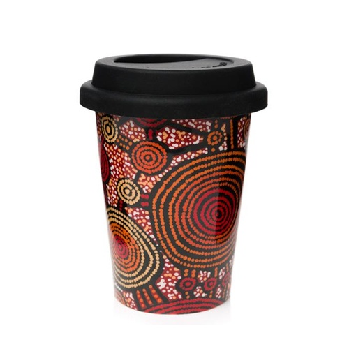 Warlukurlangu Aboriginal Art Insulated Porcelain Travel Mug - Emu Dreaming
