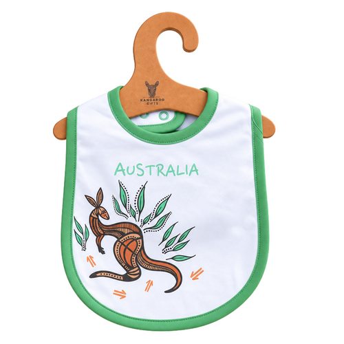 Gangu the Kangaroo [Green]  Aboriginal design Cotton Baby Bib - Muralappi Dreamytime