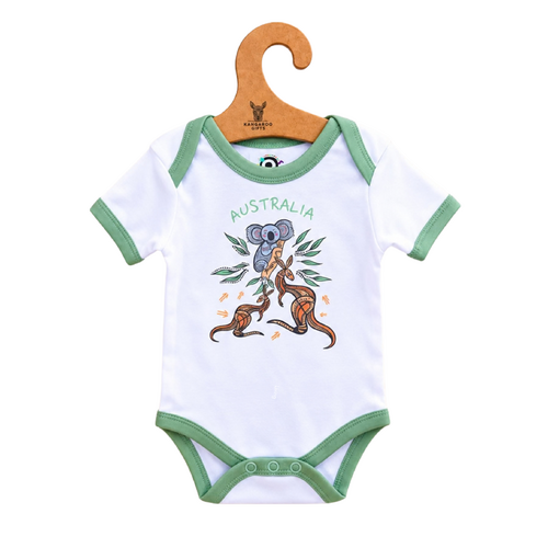 Joey Playtime [Green] Aboriginal design Soft Cotton Romper (0-3mths) - Muralappi Dreamytime