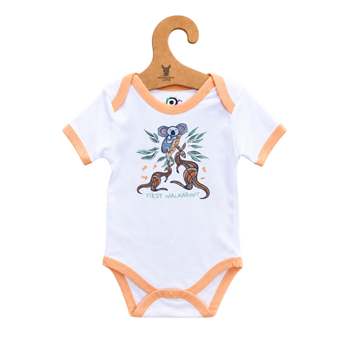 Joey First Walkabout [Peach] Aboriginal design Soft Cotton Romper (0-3mths) - Muralappi Dreamytime