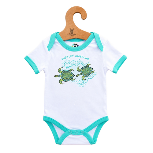 Turtle Playtime [Aqua] Aboriginal design Soft Cotton Romper (0-3mths) - Muralappi Dreamytime