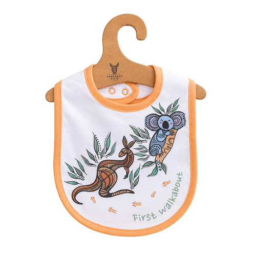 Kangaroo & Koala [Peach]  Aboriginal design Cotton Baby Bib - Muralappi Dreamytime