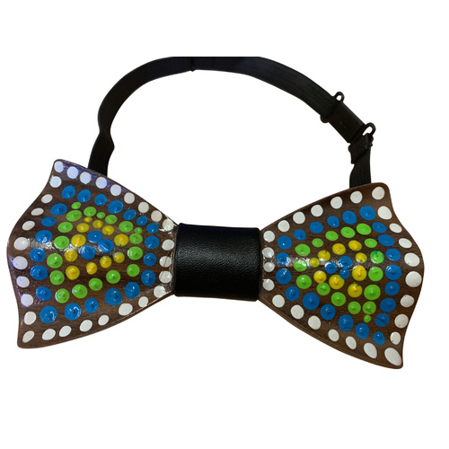 Handpainted Aboriginal Art Timber Giftboxed Bowtie - Black Leather 3