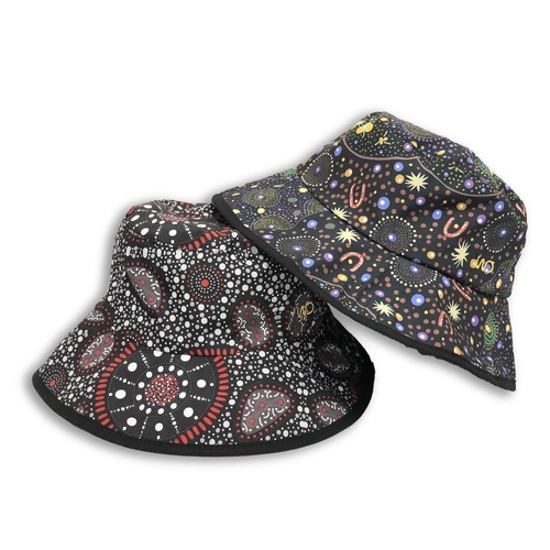 Warrina Aboriginal Art Reversible Bucket Hat - Bush Onion Wild Flowers/Bush Food Dreaming