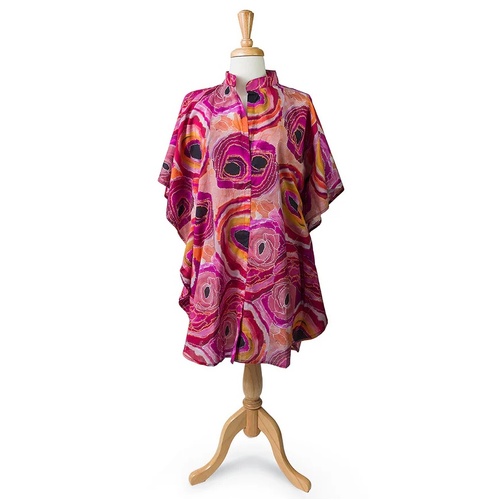 Warlukurlangu Aboriginal Art Short Cotton Kaftan - Brush-Tail Possum Dreaming