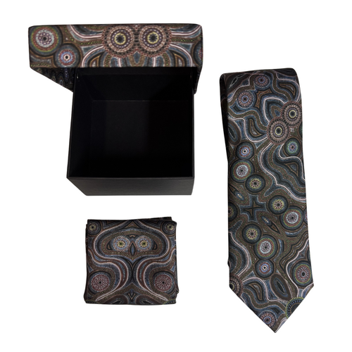 Lee Anne Hall Aboriginal Art 2pce Polyester Tie Set - Brown