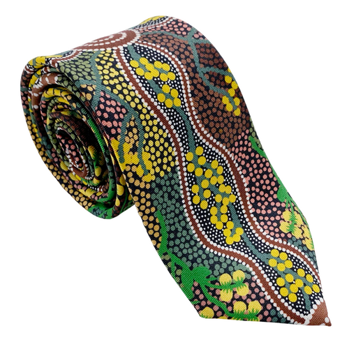 Warrina Aboriginal Art 100% Silk Tie (Giftboxed) - Yuendumu Bush Tomato