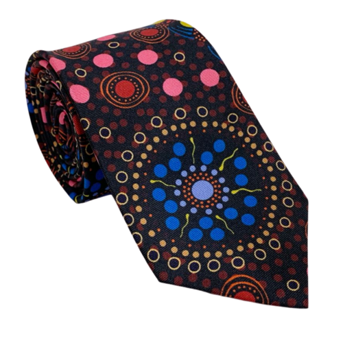 Warrina Aboriginal Art 100% Silk Tie (Giftboxed) - Dreamtime Flowers (Black)