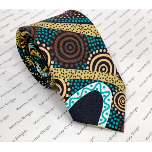 Warrina Aboriginal Art 100% Silk Tie (Giftbag) - Gathering by the River