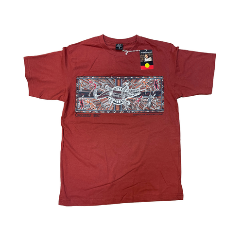 Crocodile Hunt [Rust] - Aboriginal Design T-Shirt [size: Medium]