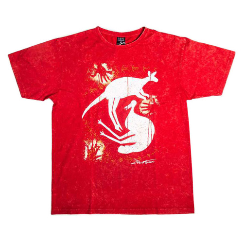 Kangaroo & Emu [Red Acid Wash] - Aboriginal design T-Shirt [size: Small]