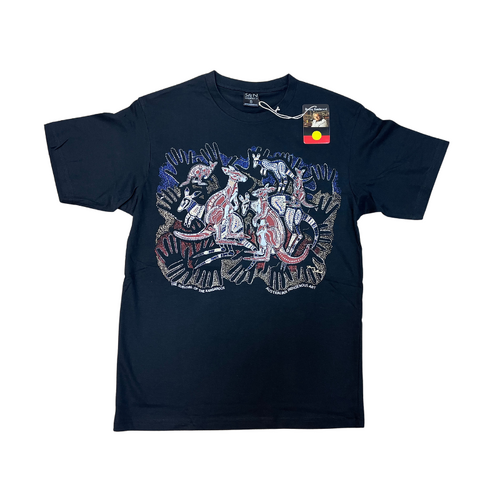 Survival of the Kangaroos - Aboriginal design T-Shirt (Black) [Size: Medium]
