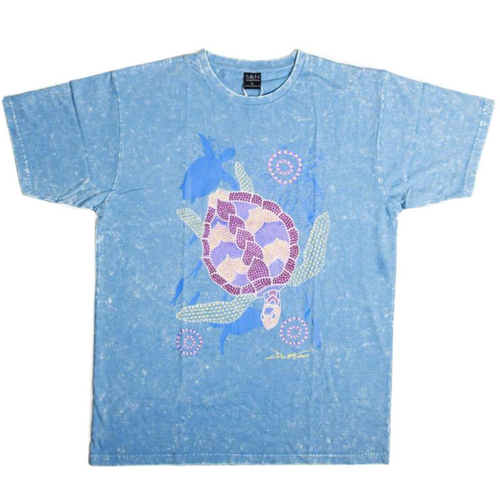Turtle (Acid washed Light Blue) - Aboriginal design T-Shirt [size: Small]