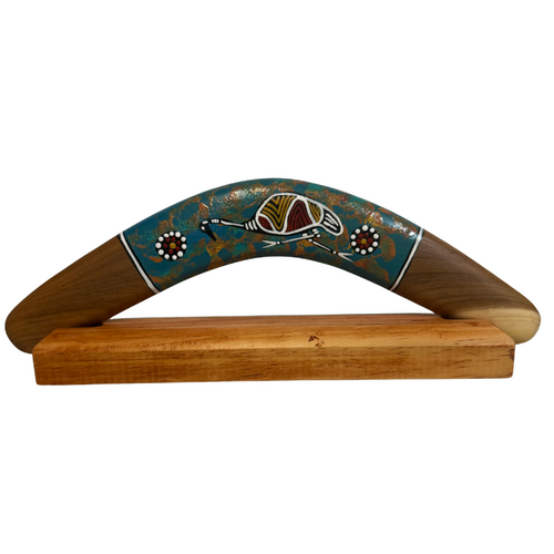 Handmade Aboriginal Handpainted design Boomerang & Stand (35cm)