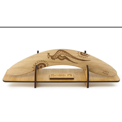 Handmade Aboriginal Burnt design Giftboxed Boomerang & Stand (35cm)