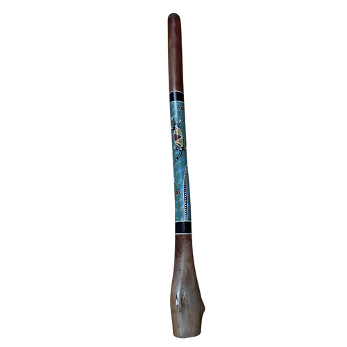 Eucalyptus (Ironbark) Handpainted Didgeridoo (1.49m) - Lizard with Warrior (Blue/Greens)