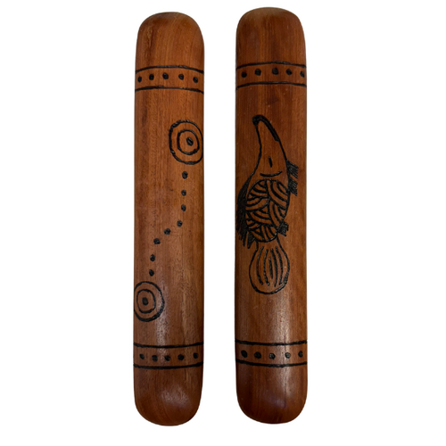 Aboriginal Handmade IRONBARK flat Music/Clapping Sticks (30cm) - handburnt designs (Single Pair)