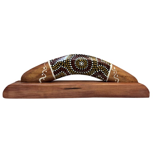 Skeenarang Booma -Traditional/Dot Art Handpainted [35cm) boomerang with timber Display Stand