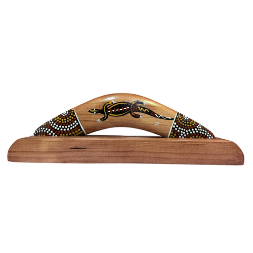 Skeenarang Booma -Traditional/Dot Art Handpainted [25cm) boomerang with timber Display Stand