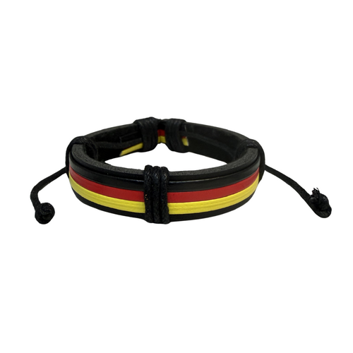 Aboriginal Wristband - 10mm Black Leather + Red-Black-Yellow Band Adjustable Wristband